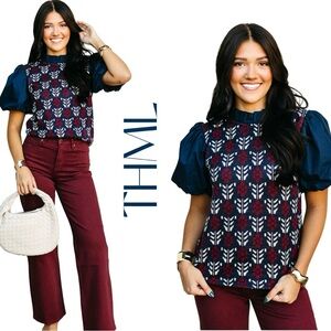 THML Blue and Red Leaf Pattern Puff Sleeve Blouse Sz S NWT